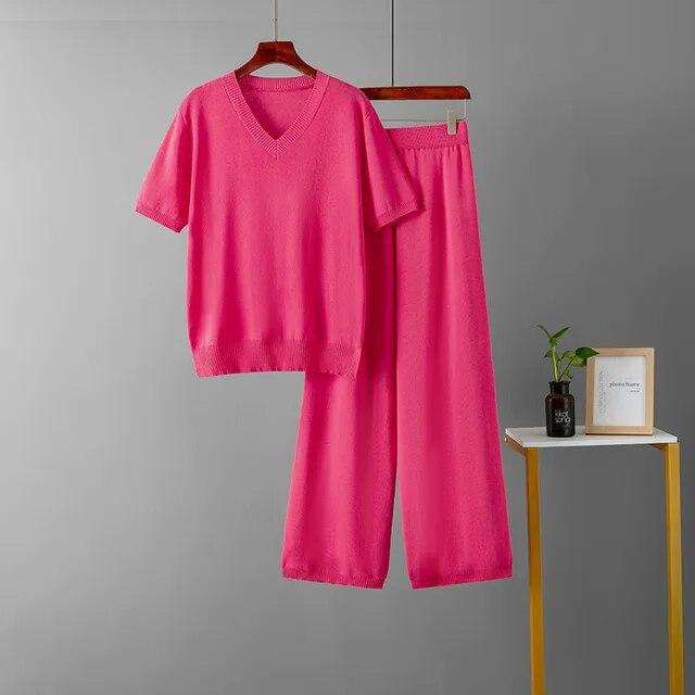 Basic V Neck Spring Summer Women T Shirt Set Fashion Knit Loose Casual Two Piece Short Sleeves Tracksuit Ladys Pant Suit