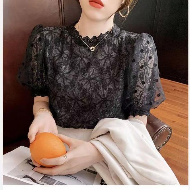 Women White Lace Blouses Summer Hollow Out Black Casual Korean Style Elegant Puff Sleeve Tops Vintage Shirt