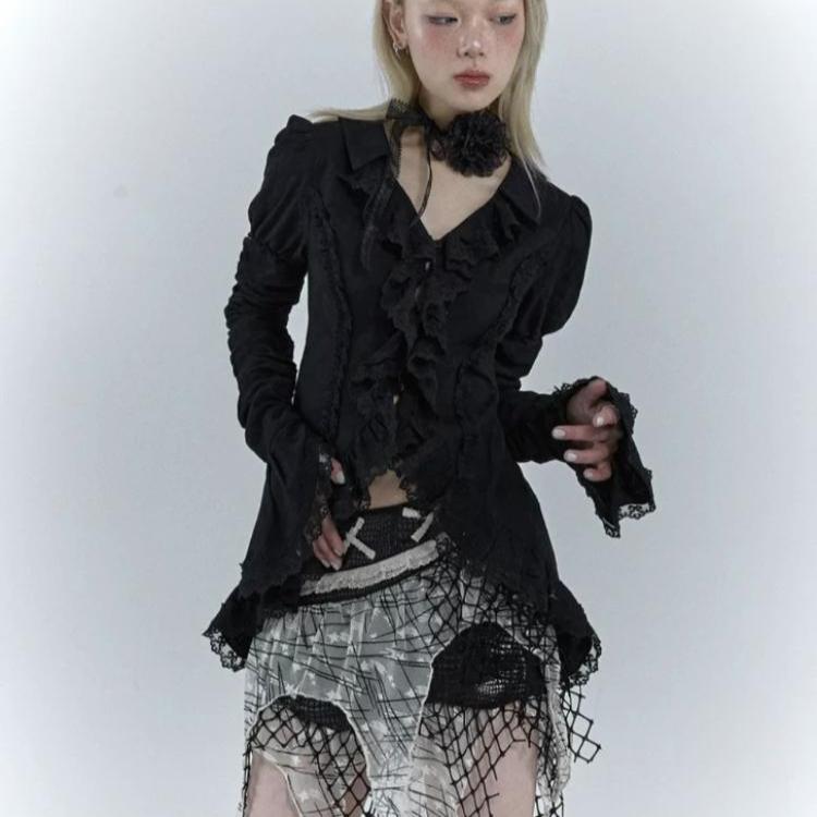 Lolita Vintage gotické krajkové košile Dámské Y2k tmavé estetické nepravidelné halenky Yamamoto styl Grunge Flare Sleeve Shirts