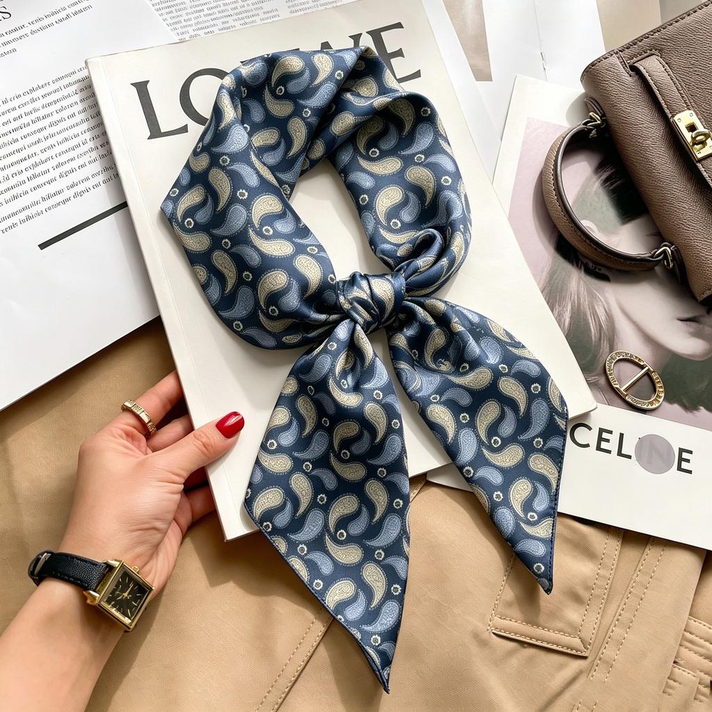 Commuter elegant flower silk scarf women's contrasting color retro printing satin scarf shirt with multi-purpose decorative small scarf