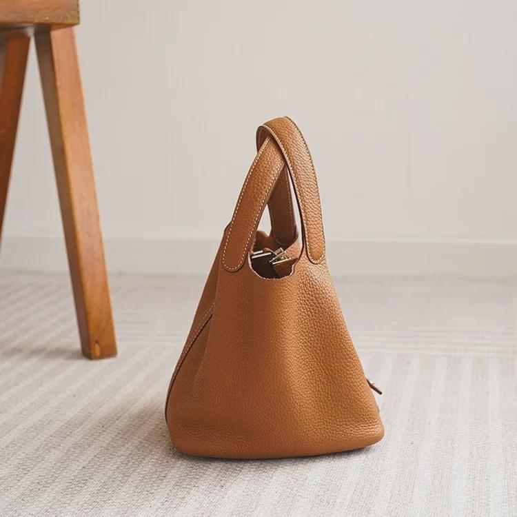 Black Genuine Leather Lychee Pattern Bucket Tote Bag for Women