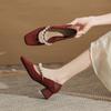 Temperament square head light mouth thick heel women's single shoes new pearl belt Mary Jane fashion comfortable women's shoes