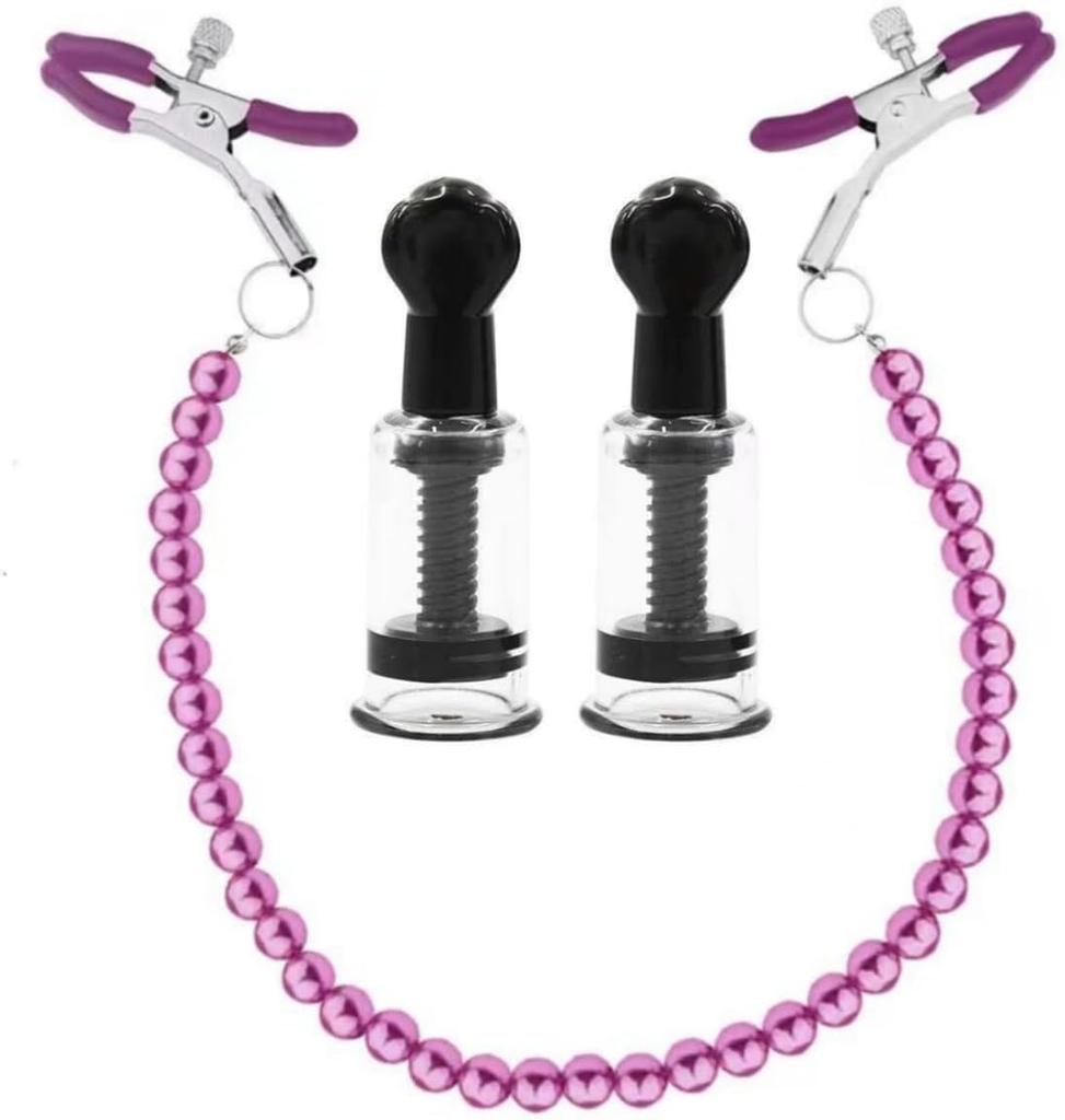 Stainless Steel Suction Cup and Pearl Body Chain with Nipple Clip Nipple Decorative Adult Pleasure Toy for Adjustable Pressure Breast Clamps Clamps,