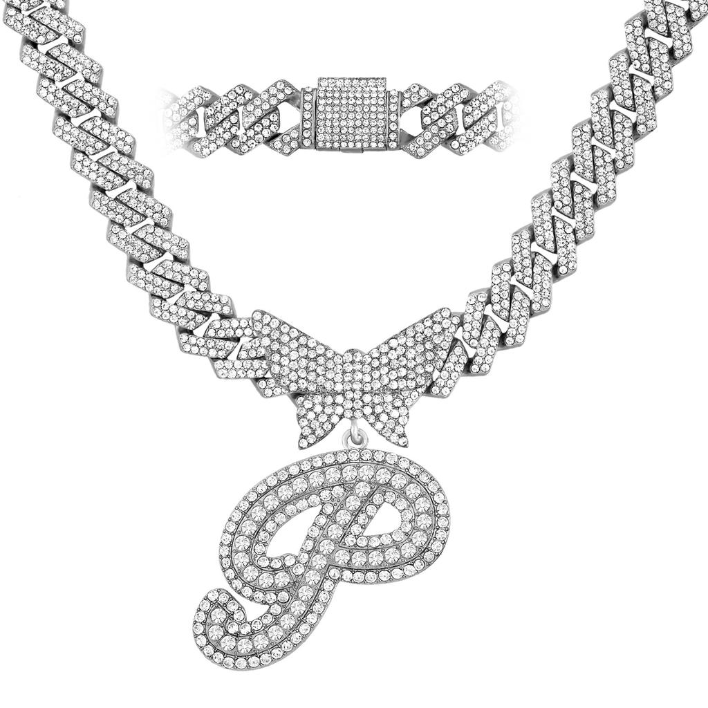 Men Women 14MM Cuban Chain Crystal Butterfly Initials Name Pendant Necklace Iced Out Cursive Letters Rapper Necklace Jewelry New