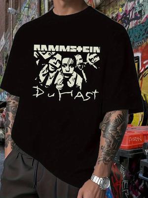 Rammstein "Du Hast" Graphic T-shirt - Black Hip-Hop Style Short Sleeve Tee with Band Member Illustrations
