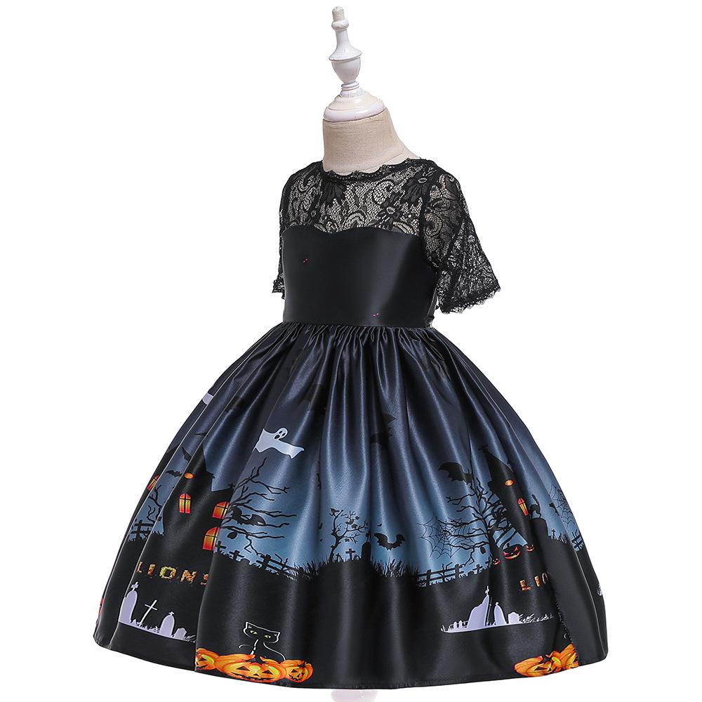 Kids Girls Halloween Costume Ghost  Dress Witch Hat Pumpkin Skull Printed Fancy Dress Up Cosplay Party Outfits