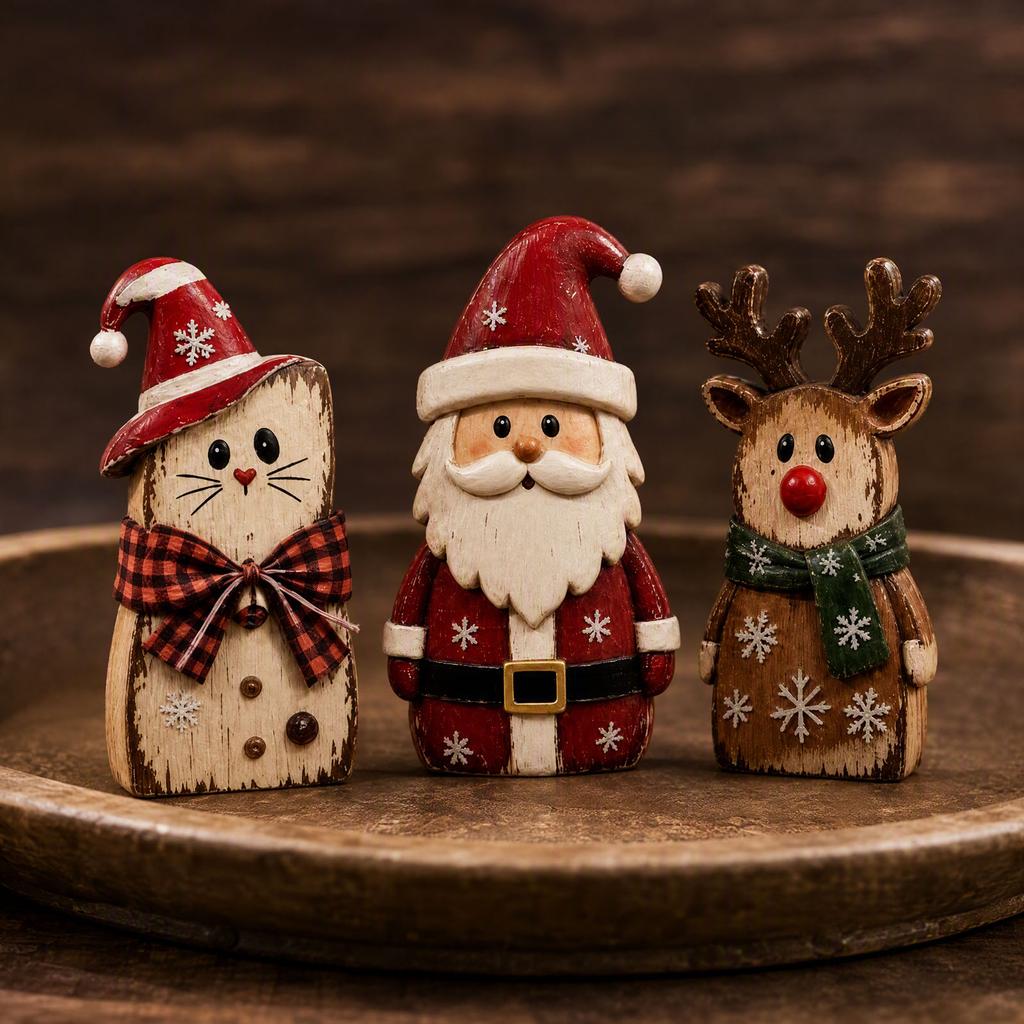 3-Piece Vintage Christmas Wooden Ornament Set Santa Reindeer Cat Festive Tabletop Decor