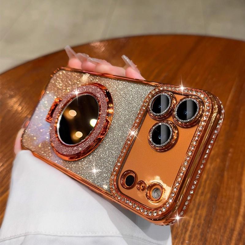 Gradient Glitter Diamond Magnetic Case For 17 16 15 14 13 12 11 ProMax Plus For Magsafe Mirror Stand Cover For Air