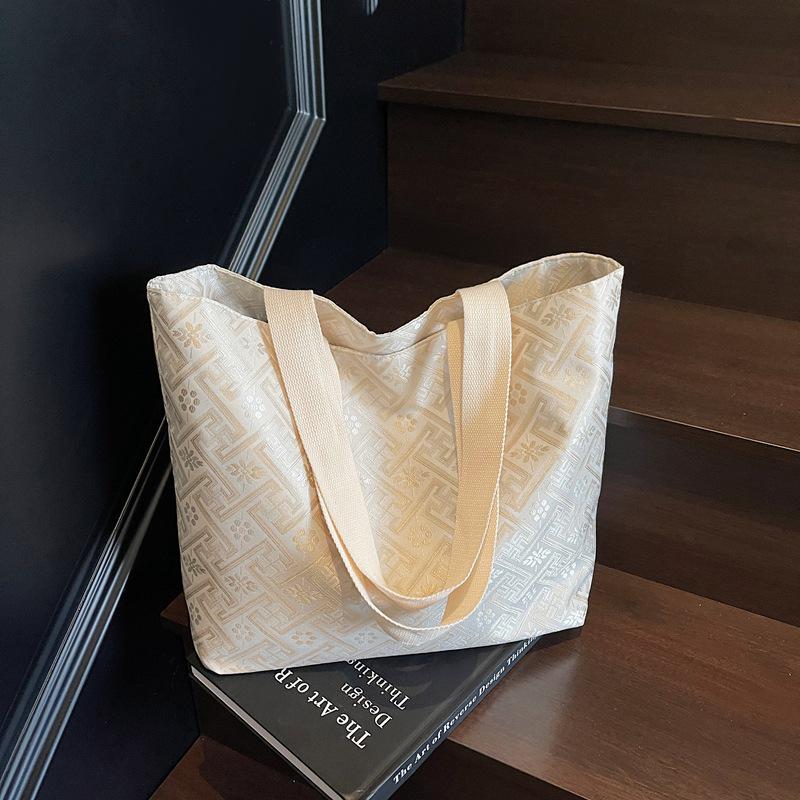 

Холщовая сумка-тоут с китайской вышивкой - Женская вместительная наплечная сумка для школы или поездок на работу 44cm x 32cm x 12cm бежевый