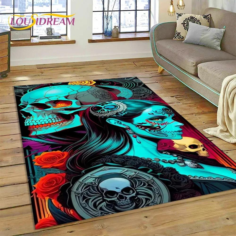 Skull Dead Girl Gothic Horror Female Rose Carpet Rug for Bedroom Living Room Home Sofa Decoration,Kid Game Large Decor Floor Mat