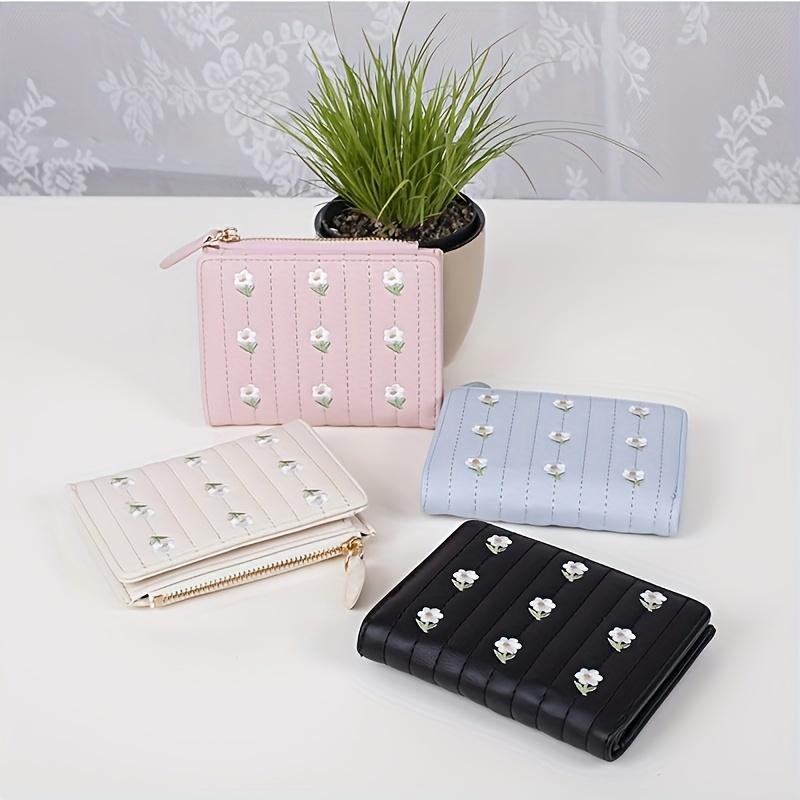 Sweet Style Women's Bi-fold Mini Wallet With Flower Embroidery, Cash Pocket With Card Holder Coin Purse With ID Window