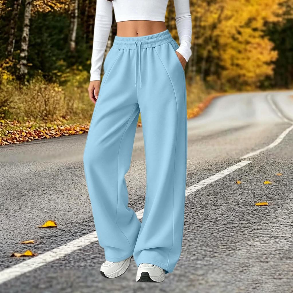 Pantalon de survêtement large taille haute de couleur pour femme, Pantalon décontracté à jambe droite