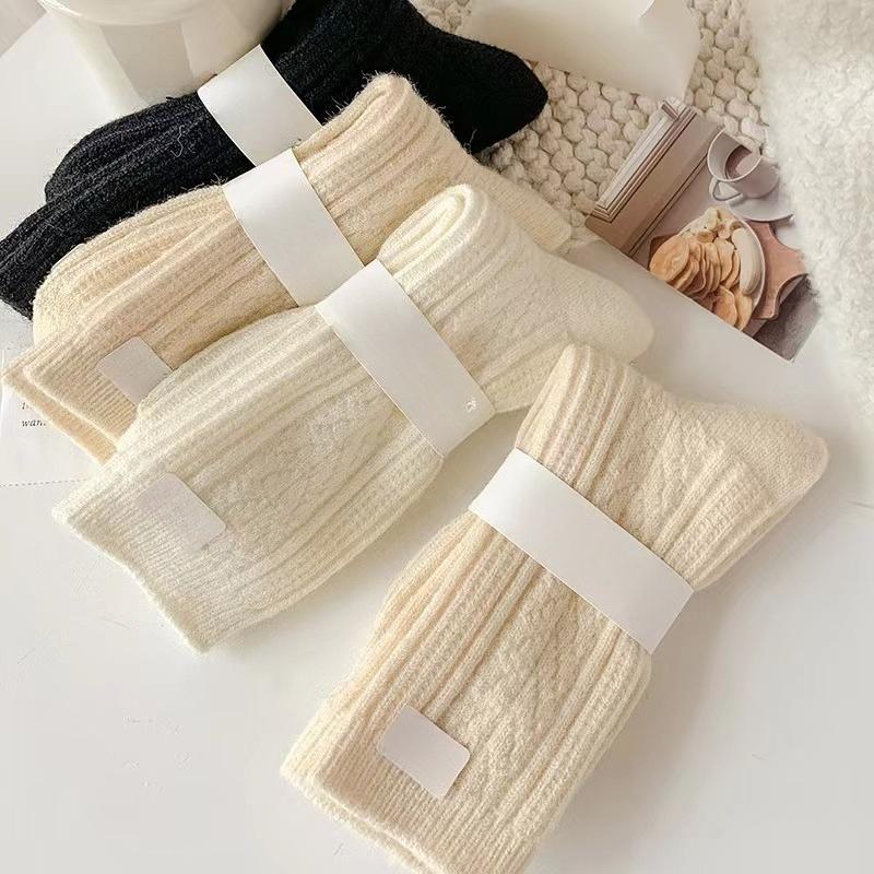 Lot New Cashmere Wool Socks Women's Winter Thicken Warm Black White Pack Set Thermal Japanese Fashion Solid Color