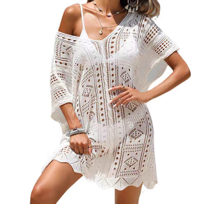 Summer Beach Smock Long T-shirt Women's Knitted Sweaters Lady Sexy Hollow Out Mesh Pullover See Through Casual Oversized Tops