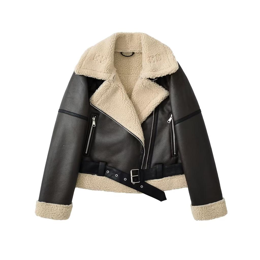 Winter women's clothing large lapel women's thickened locomotive suede fur integrated jacket