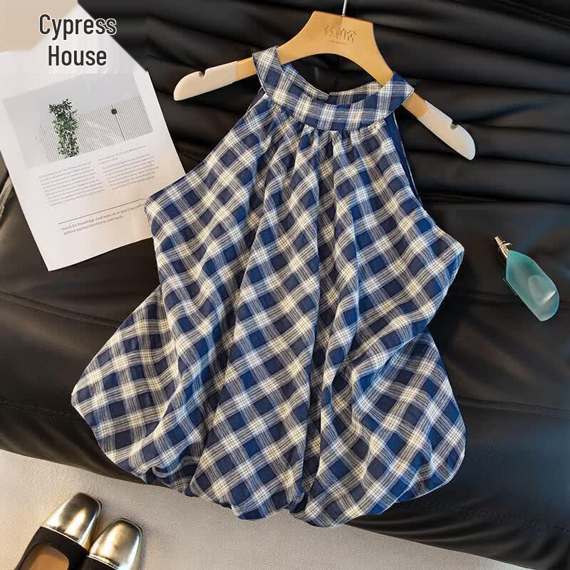 Sibaishe Vintage Plaid Halter Neck Blouse L
