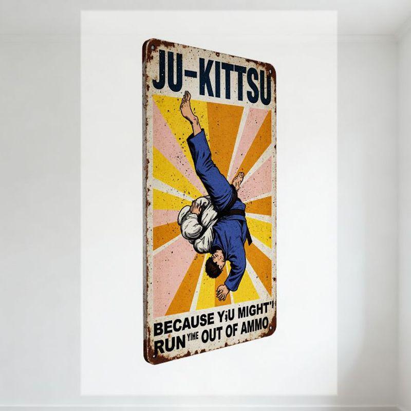 

Vintage Metal Tin Sign JU-KITTSU Martial Arts Acrobatic Figure Radial Burst Pattern Retro Propaganda Style Decor for Man Cave Ho 20x30cm（7.8x11.8inch）