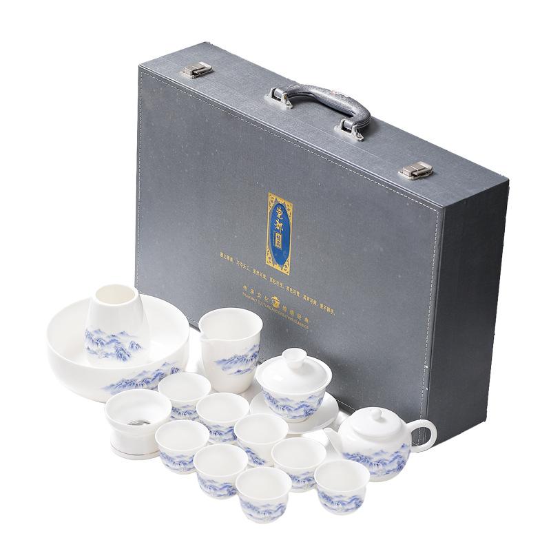 Ceramic white suet jade porcelain kung fu tea set, high-end business gifts for customers and friends