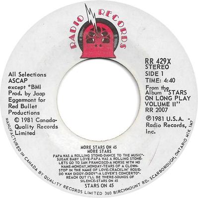 7inch Record STARS ON 45  More Stars On 45  45 Stars Get Rea RR429X Radio Records 1982 Canada Dance  Electronica Used
