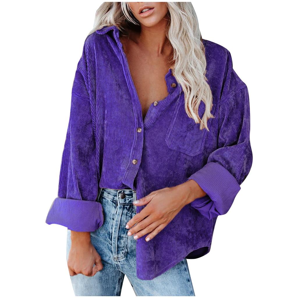 Womens Casual V Neck Long Sleeve Button Corduroy95%polye Casual Blouse Coat Tops