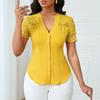 Women Tops V-Neck Short Sleeve Hollow Lace Splicing Design Shirt Tops Pure Color Slim