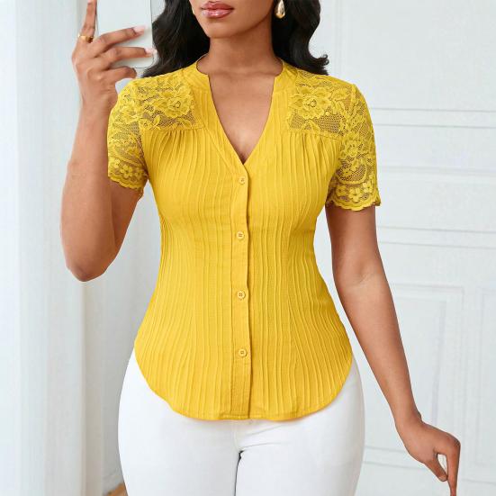 Women Tops V-Neck Short Sleeve Hollow Lace Splicing Design Shirt Tops Pure Color Slim
