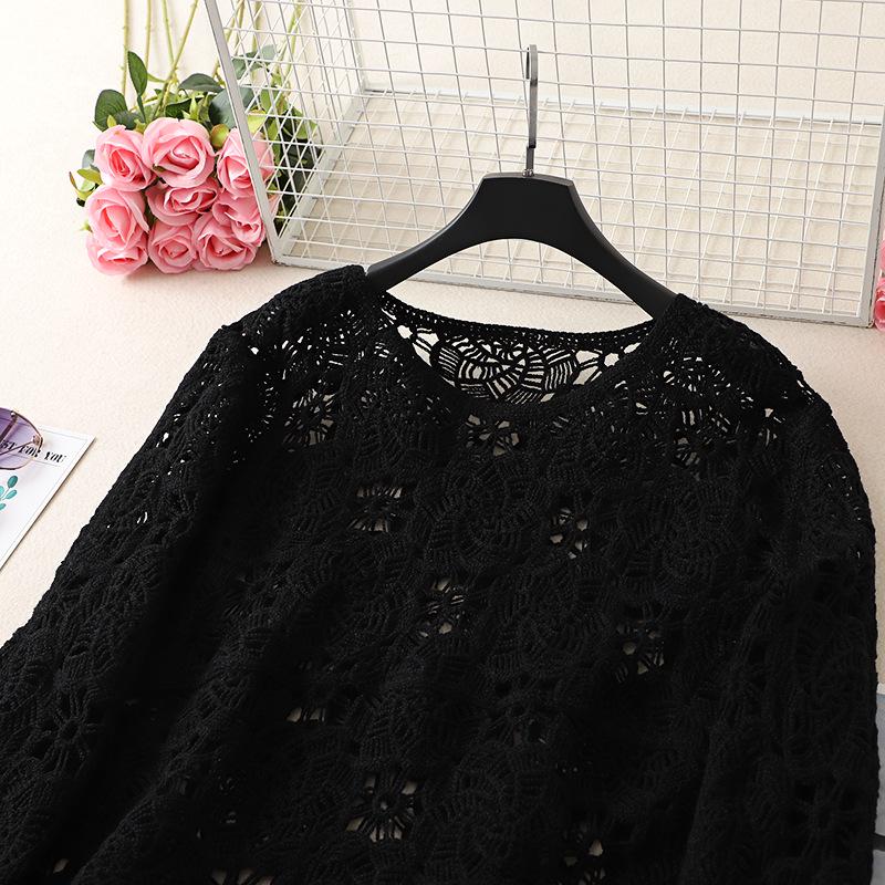 Women's Korean Style Red Sheer Knit Sweater with Hollow Design – Long Sleeve Round Neck, Autumn/Winter 2024