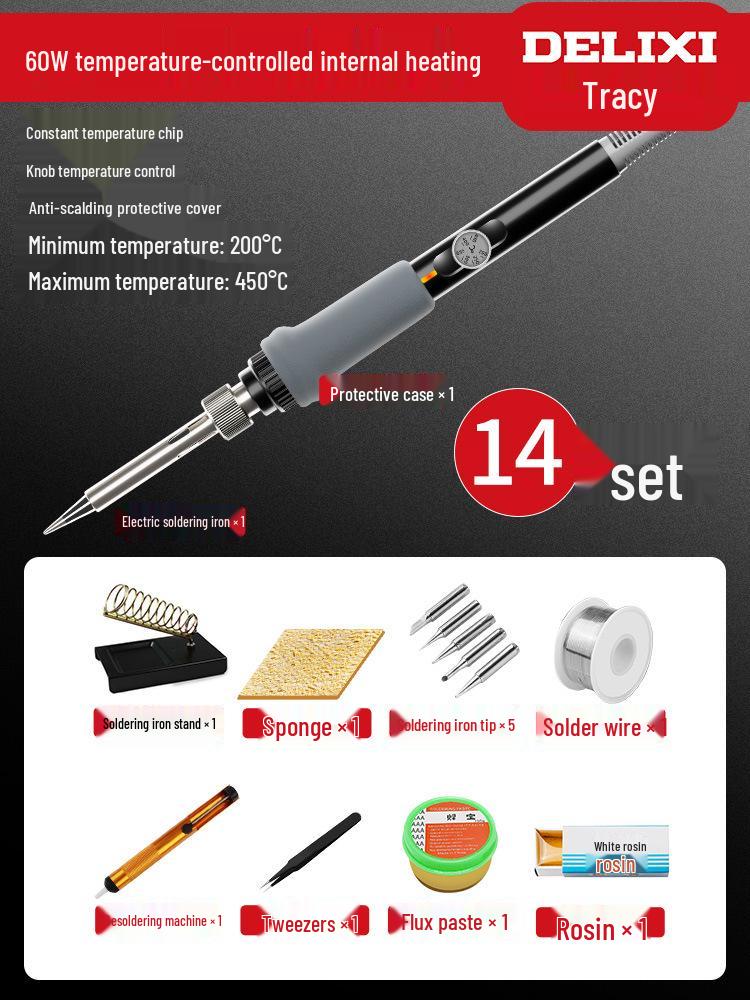 Delixi Adjustable Temperature Soldering Iron Set - High Power, Constant Temperature Solder Pen for Household Repair & Welding.