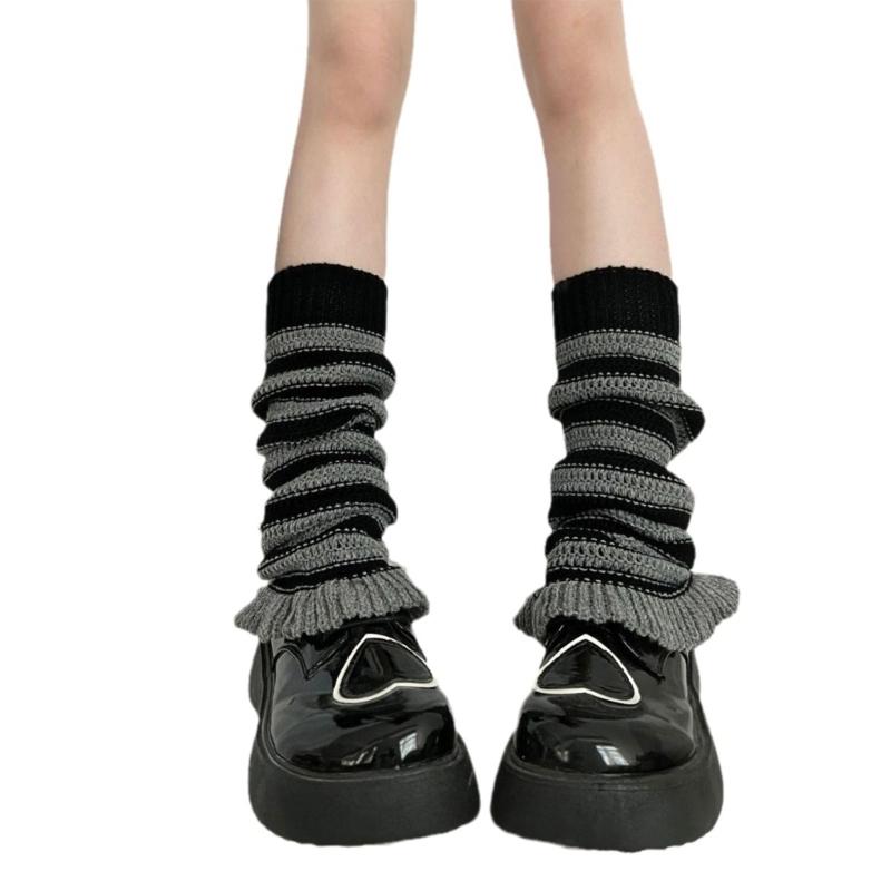 Girls Lolitas Leg Warmers Y2K Stripe Knitted Flared Leg Sleeves Goth Baggy Cuff Ankle Heap Socks JK Uniform Foot Cover