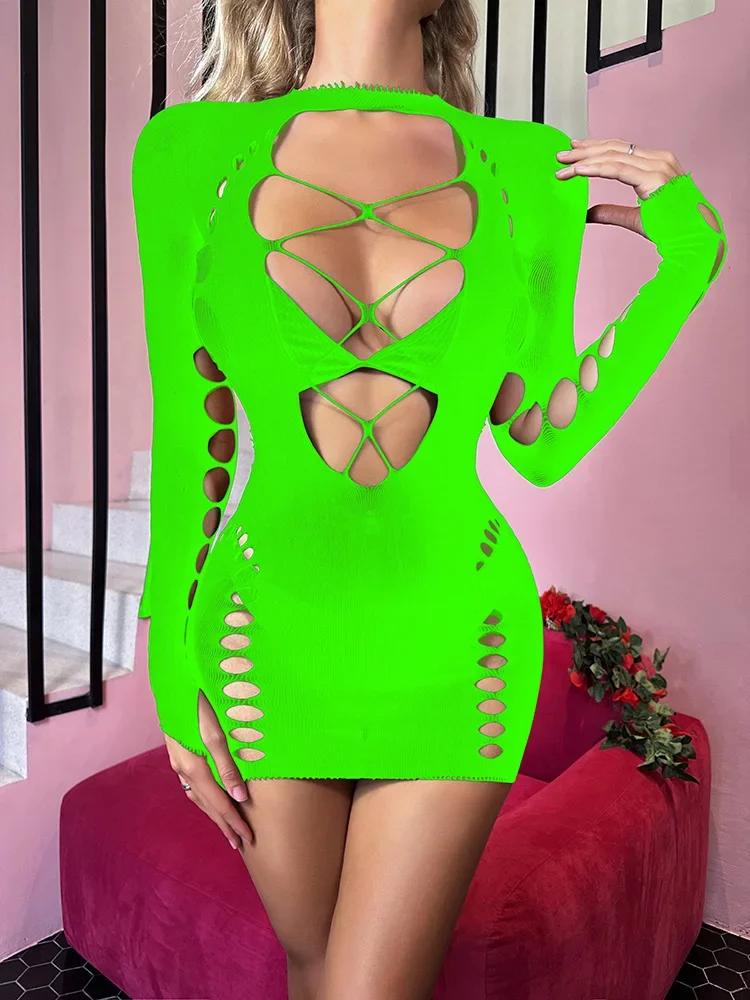 Sexy Fishnet Bodycon Dresses Women Hollow Nightwear Night Clothes  Pajamas Mujer Porno Clubwear See Through Bodysuit Dress