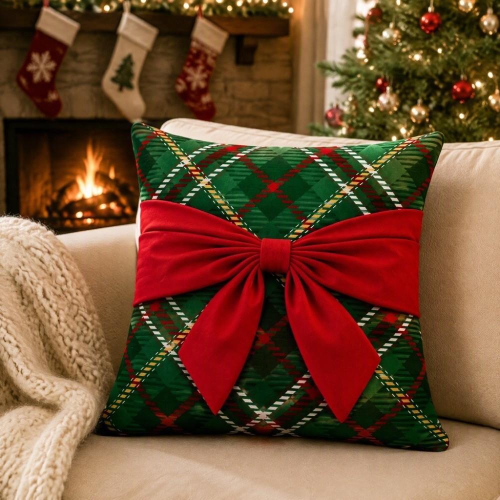 Festive Christmas Pillow Cover Plaid Sofa Pillowcase Holiday Decor Throw Pillow Cover Cozy