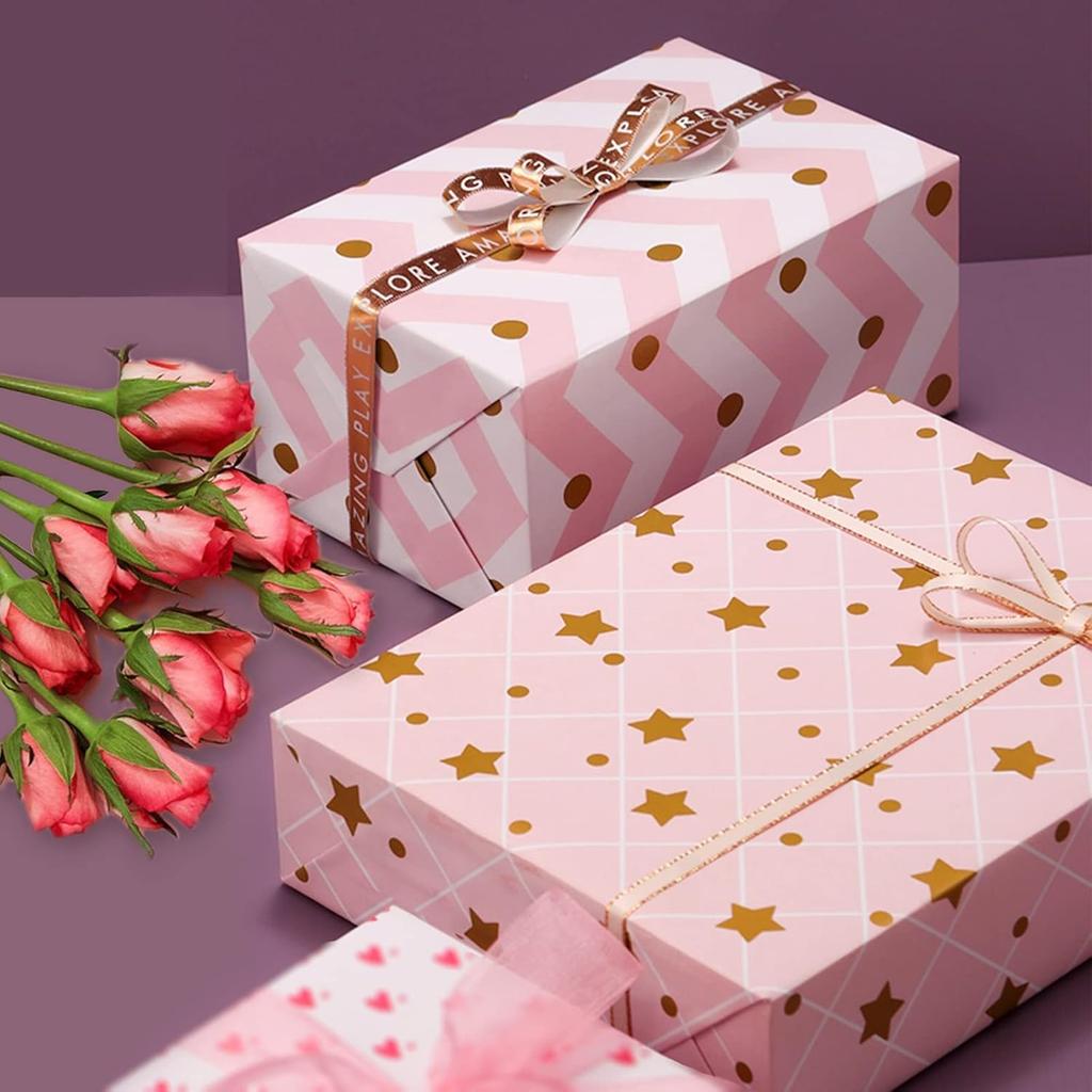 1set Pink Gold Gift Wrapping Paper Five-Pointed Star Dots Pattern Bouquet  Packaging Birthday Wedding Party DIY Decoration Paper
