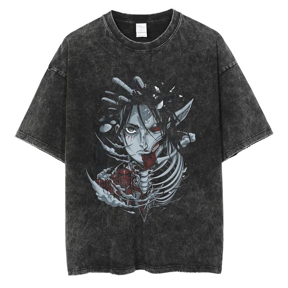 

Oversized Acid-Wash Vintage Short-Sleeve T-Shirt Featuring Attack on Titan Eren Yeager Titan Transformation Graphic Print XXXL