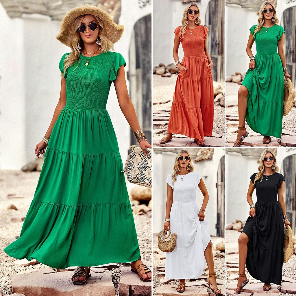 Satın alın Solid Color Dress 2023 Summer Elegant Round Neck Length