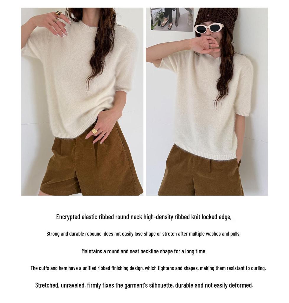 Rong Tai Women's Multi-color Cashmere Knit Top - Round Neck, Mid-Sleeve, Soft & Loose