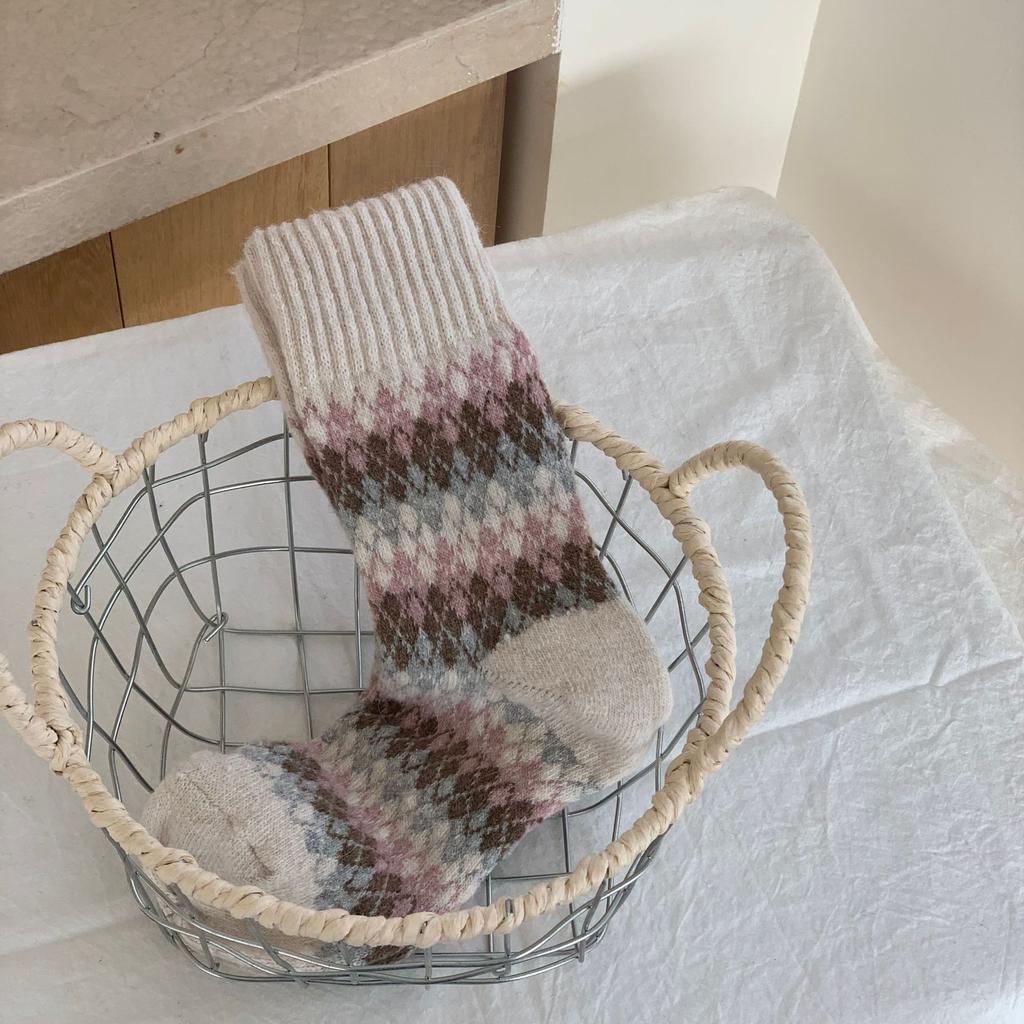 Little Red Book Thickened Warm Wool Socks For Children Piles Up Winter Diamond Lattice Nordic Style Socks