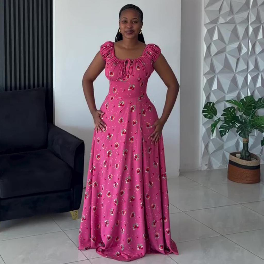 European and American Women's Clothing Summer New African Elegance Temperament Bubble Sleeve High Waist Split Flower Dress