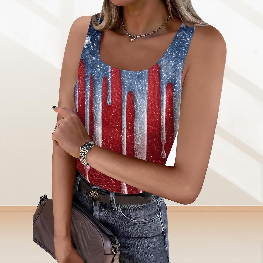 Women's Summer Fashionable Casual Independence Day Printed Round Neck Sleeveless Top Fitted Vest