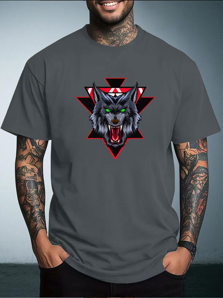 Unisex Summer White Short Sleeve Tee Cool Roaring Wolf Triangle Graphic Print Crew Neck Loose Male Casual Streetwear Tops