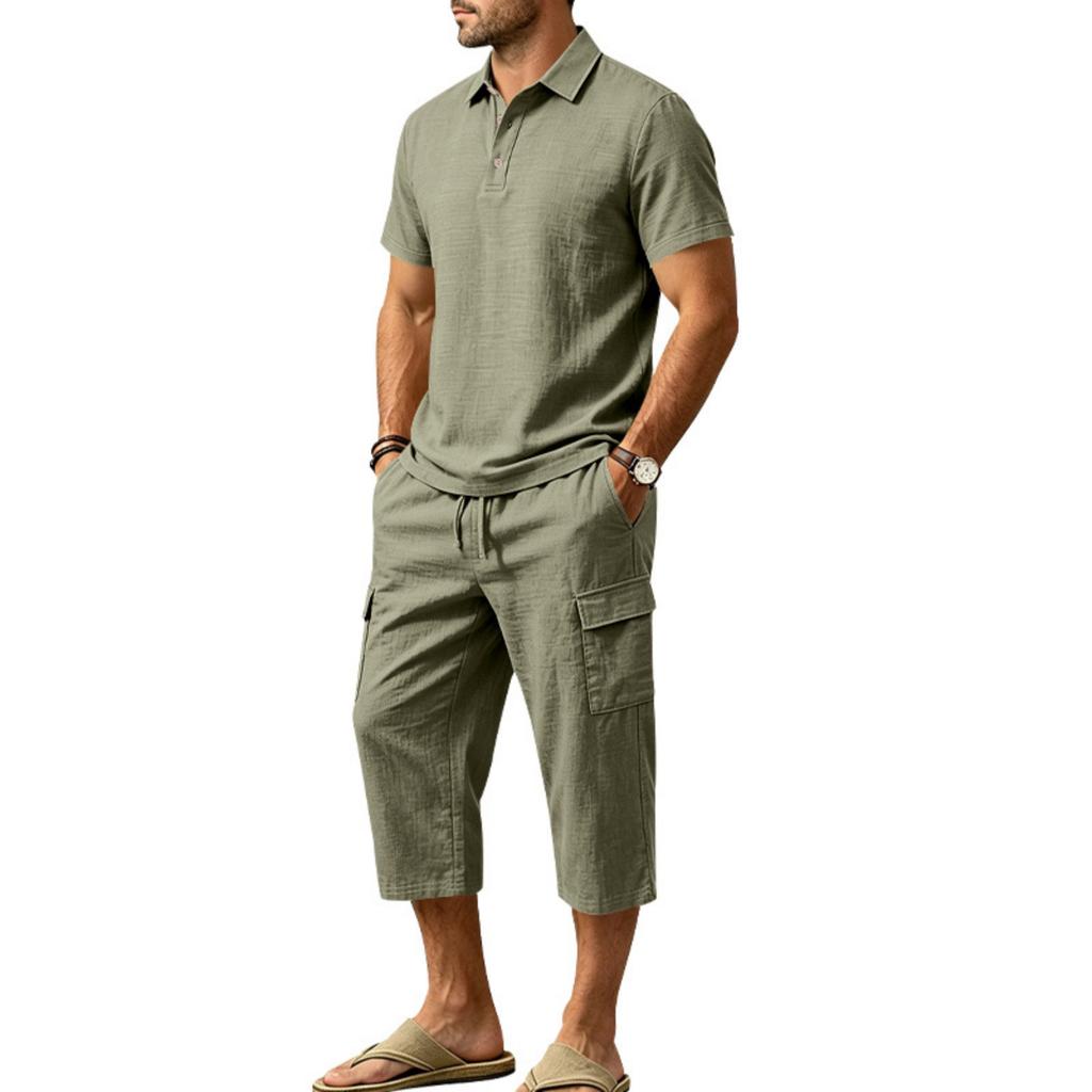 Men's Linen Short Sleeve and Cargo Shorts Set, Relaxed Fit Summer Vacation Outfit for Beach and Daily Wear
