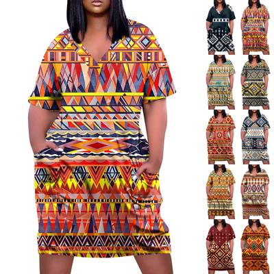 Summer Plus Size V Neck Short Sleeve Knee Pocket Gradient Print Casual Dress For Women