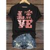 Europäische Größe Damen Freizeit-T-Shirt zum Valentinstag, Niedlicher Cartoon-Kuh- & Rosen-Druck, Kreatives LOVE-Buchstaben-Design, Gestrickte Polyester-Mischung