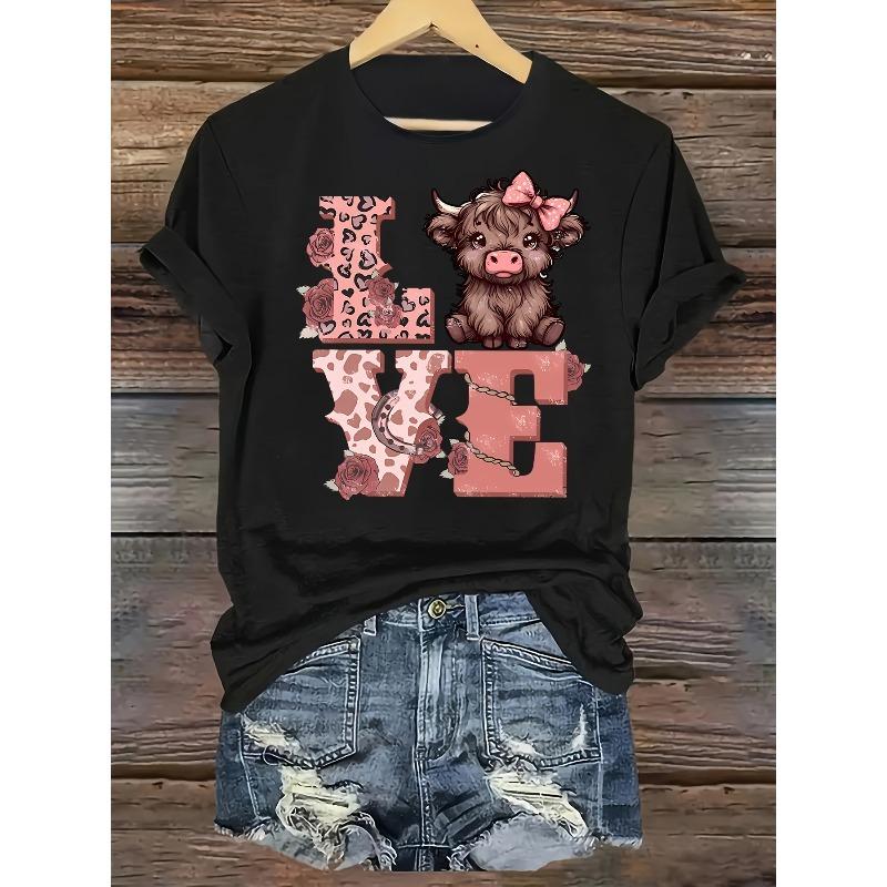 Europäische Größe Damen Freizeit-T-Shirt zum Valentinstag, Niedlicher Cartoon-Kuh- & Rosen-Druck, Kreatives LOVE-Buchstaben-Design, Gestrickte Polyester-Mischung