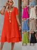 European & American Spring/Summer Women's Casual Loose Short Sleeve Solid Color Layered Dress