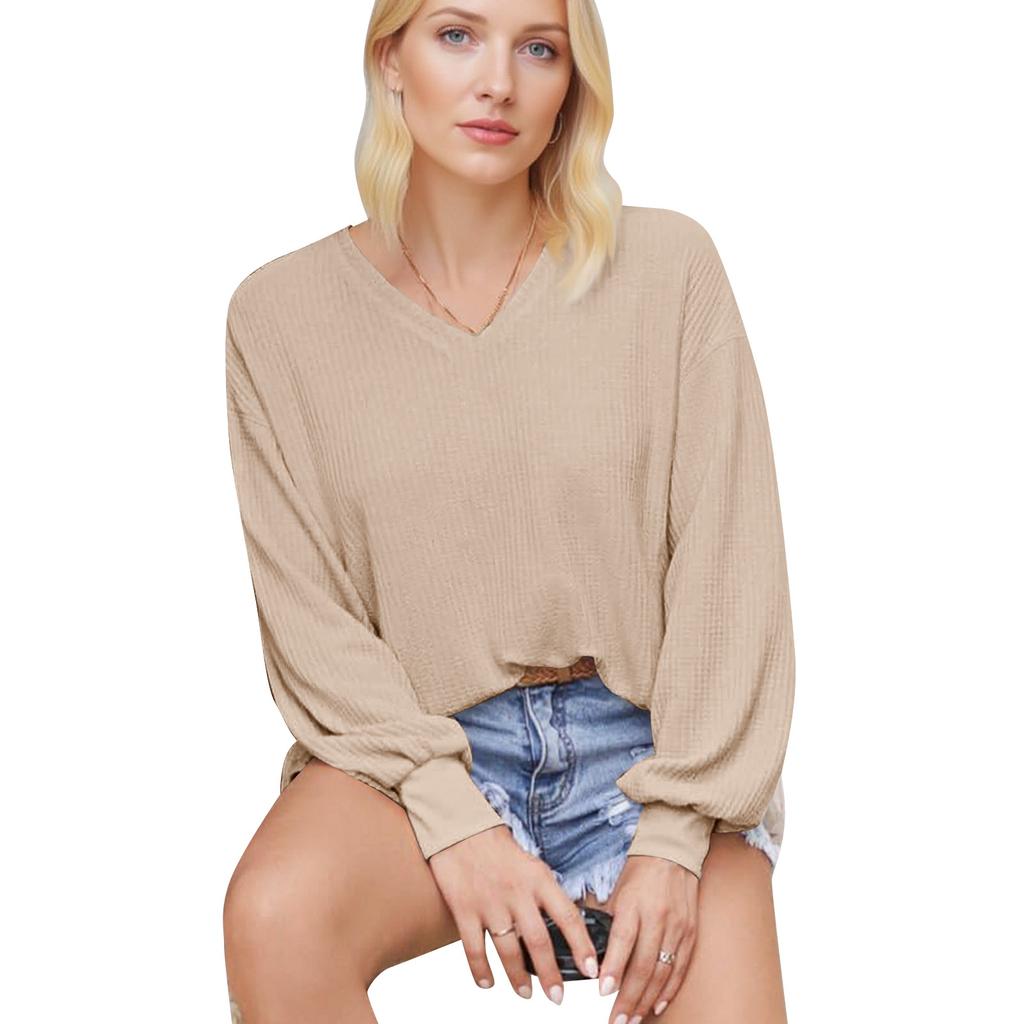 Women's Knit Top, Fashionable Long Sleeve Casual Shirt, V-neck Loose T-shirt