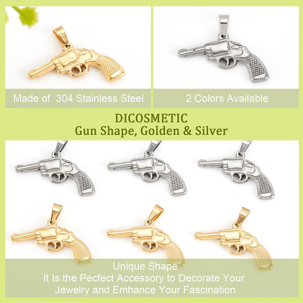 8Pcs 2 Colors 304 Stainless Steel Pendants Gun Shape Golden & Silver 22x34x4mm Hole: 7x4mm 4pcs/color