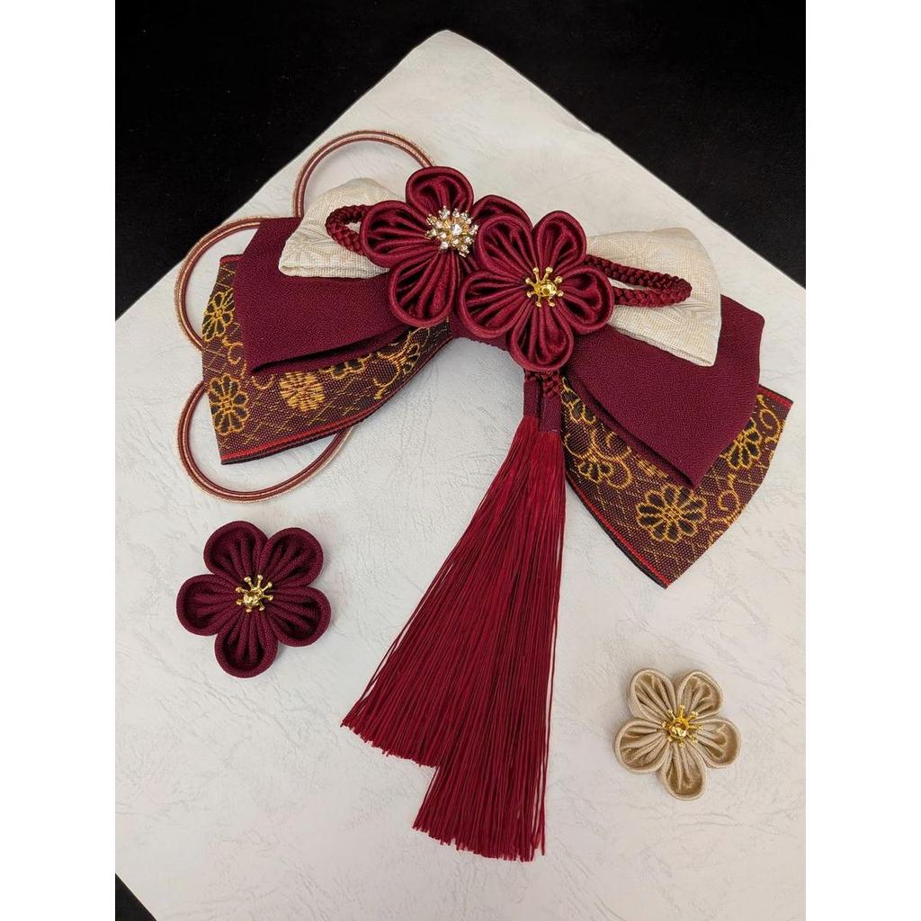 Used Tsumami-zaiku Hair Ornament Ribbon with Tassel Coming of Age Ceremony Graduation Ceremony Japanese Style Red Platinum
