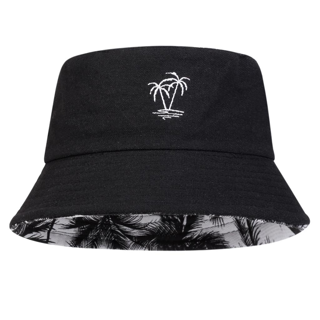 Unisex Coconut Tree Embroidery Double Sided Wearing Bucket Hats Fishermen Caps Outdoor Casual Cap