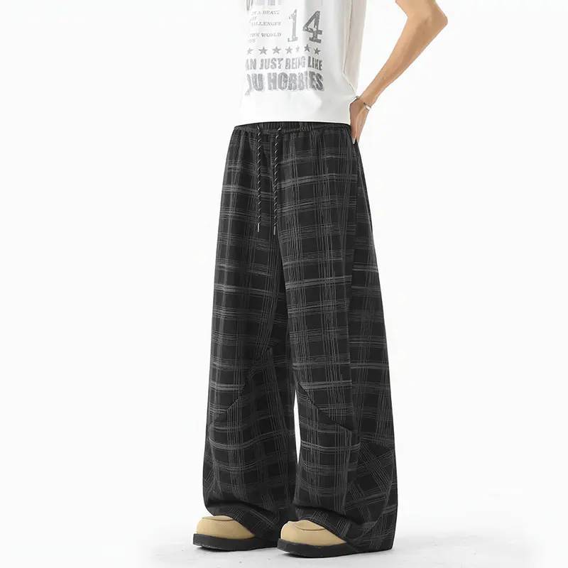 New pants casual pants men's sports plaid striped straight legs long black gray plaid drawstring plaid trousers