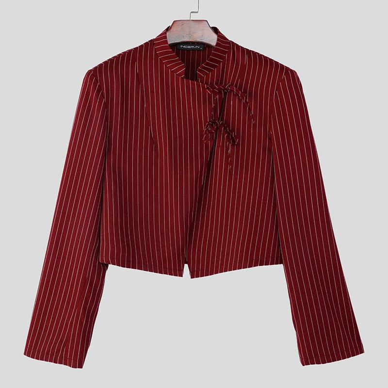 INCERUN Men Stand Neck Long Sleeve Striped Side Bandage Cropped Short Shirts